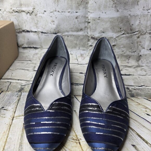 PROXY Navy Silver Multi Stripe Womens Emastine Dress Wedge Shoes  Size 9.5M - Picture 3 of 9